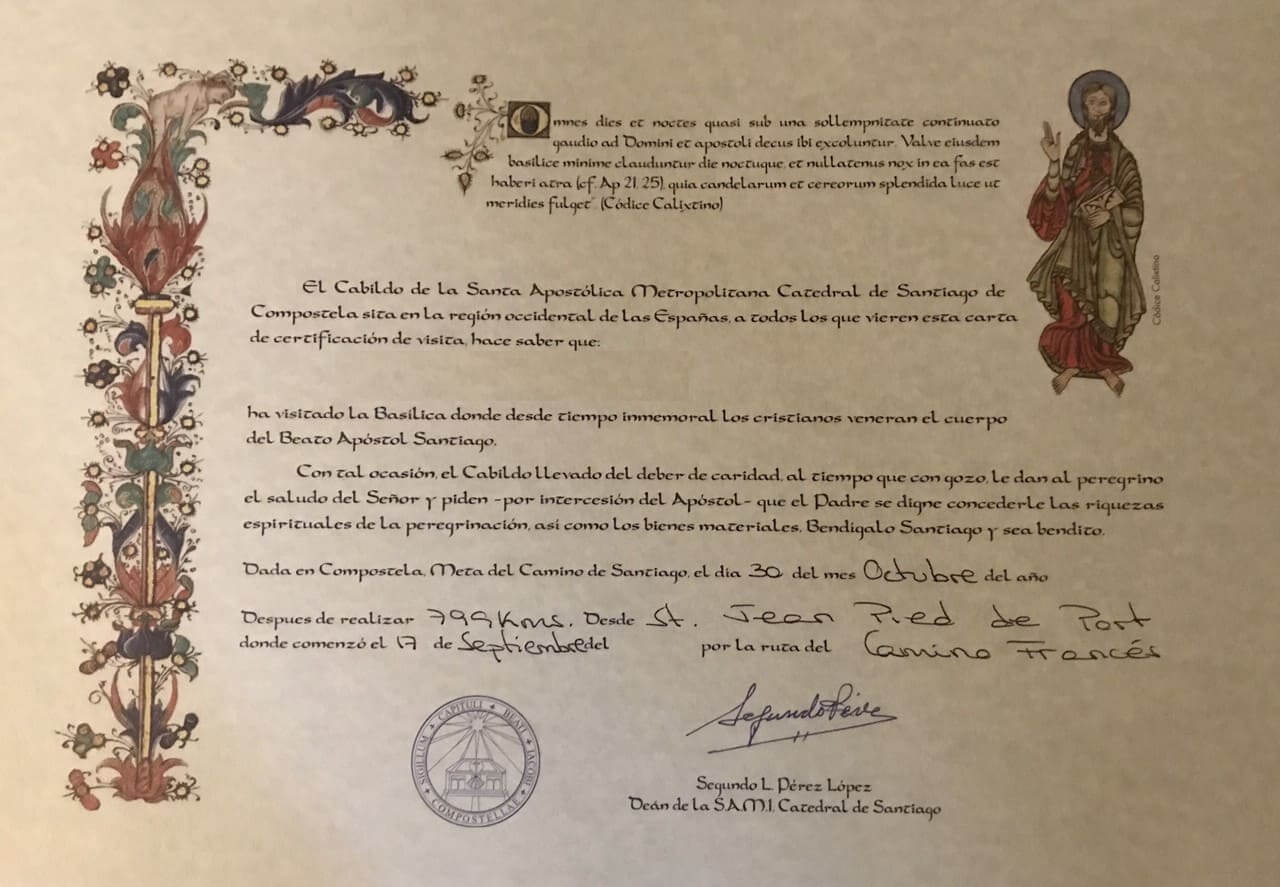 Certificato di distanza cammino di santiago