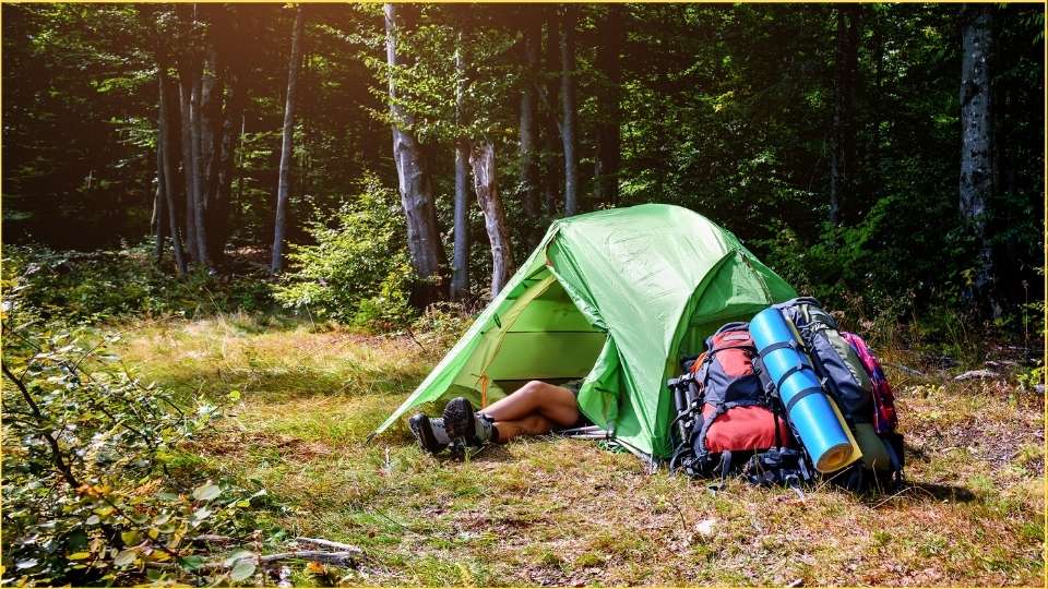 un ragazzo in tenda in una radura nel bosco